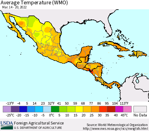 Mexico Central America and the Caribbean Average Temperature (WMO) Thematic Map For 3/14/2022 - 3/20/2022