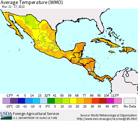 Mexico Central America and the Caribbean Average Temperature (WMO) Thematic Map For 3/21/2022 - 3/27/2022
