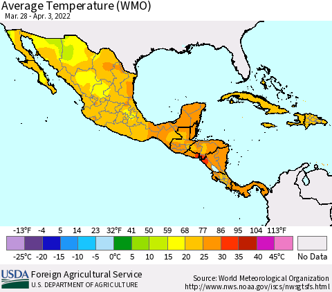 Mexico Central America and the Caribbean Average Temperature (WMO) Thematic Map For 3/28/2022 - 4/3/2022