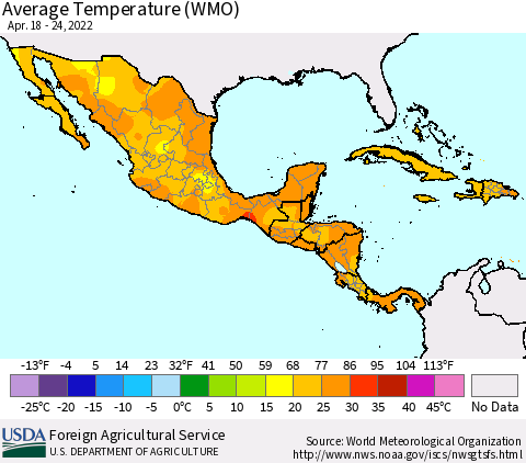 Mexico Central America and the Caribbean Average Temperature (WMO) Thematic Map For 4/18/2022 - 4/24/2022