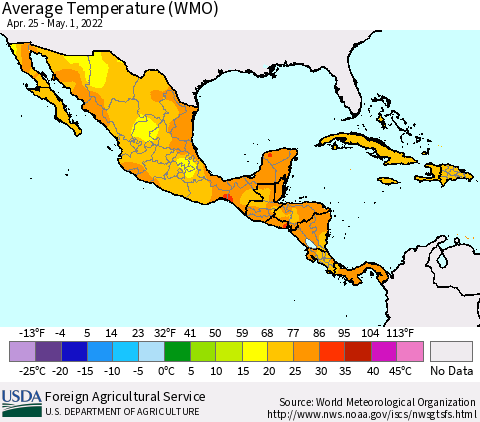 Mexico Central America and the Caribbean Average Temperature (WMO) Thematic Map For 4/25/2022 - 5/1/2022