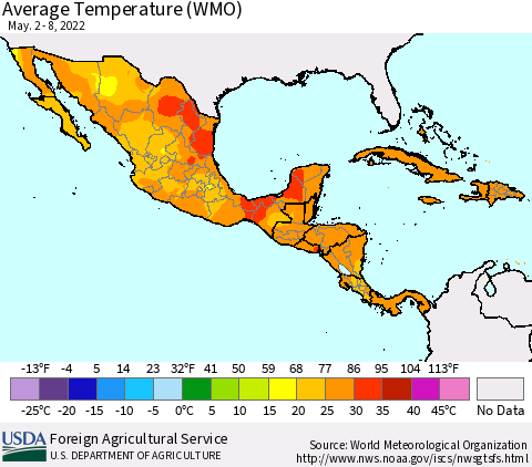 Mexico Central America and the Caribbean Average Temperature (WMO) Thematic Map For 5/2/2022 - 5/8/2022