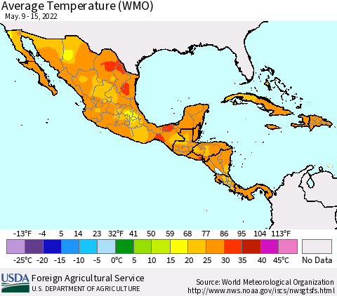 Mexico Central America and the Caribbean Average Temperature (WMO) Thematic Map For 5/9/2022 - 5/15/2022