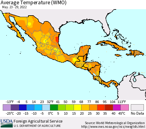 Mexico Central America and the Caribbean Average Temperature (WMO) Thematic Map For 5/23/2022 - 5/29/2022