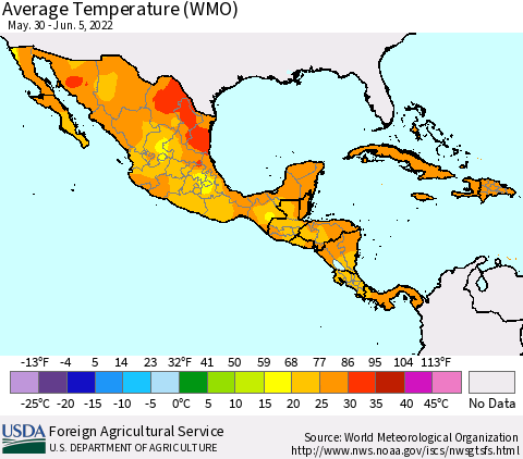 Mexico Central America and the Caribbean Average Temperature (WMO) Thematic Map For 5/30/2022 - 6/5/2022