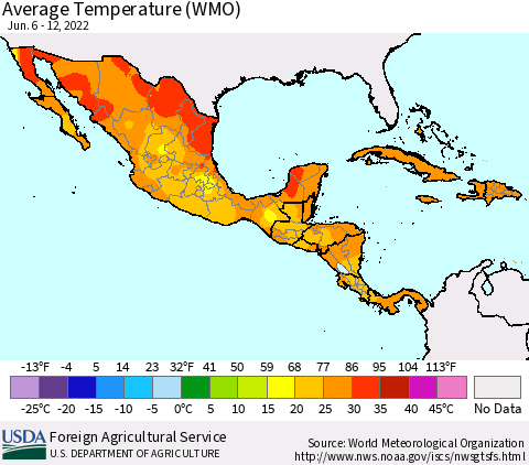 Mexico Central America and the Caribbean Average Temperature (WMO) Thematic Map For 6/6/2022 - 6/12/2022