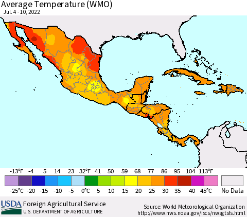 Mexico Central America and the Caribbean Average Temperature (WMO) Thematic Map For 7/4/2022 - 7/10/2022