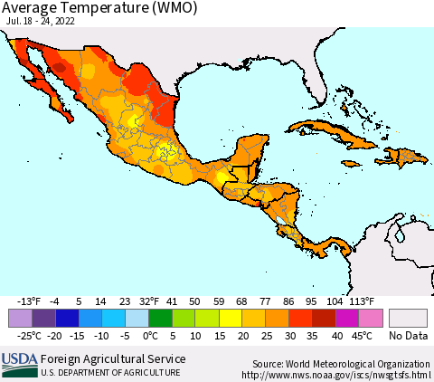 Mexico Central America and the Caribbean Average Temperature (WMO) Thematic Map For 7/18/2022 - 7/24/2022