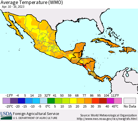 Mexico Central America and the Caribbean Average Temperature (WMO) Thematic Map For 4/10/2023 - 4/16/2023