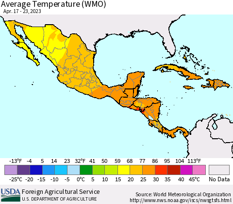 Mexico Central America and the Caribbean Average Temperature (WMO) Thematic Map For 4/17/2023 - 4/23/2023