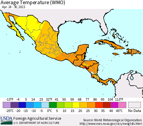Mexico Central America and the Caribbean Average Temperature (WMO) Thematic Map For 4/24/2023 - 4/30/2023