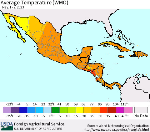 Mexico Central America and the Caribbean Average Temperature (WMO) Thematic Map For 5/1/2023 - 5/7/2023