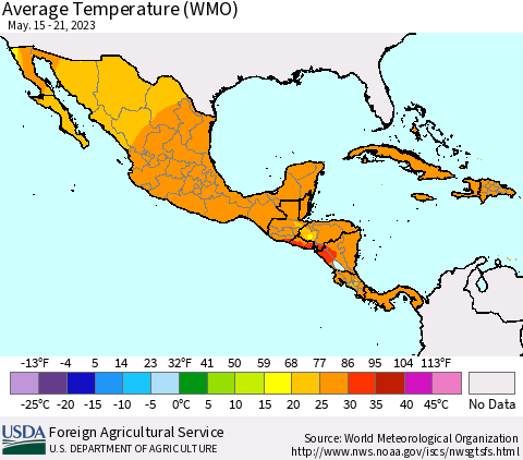 Mexico Central America and the Caribbean Average Temperature (WMO) Thematic Map For 5/15/2023 - 5/21/2023