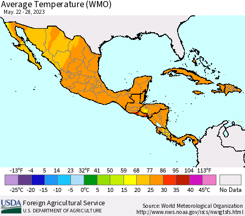 Mexico Central America and the Caribbean Average Temperature (WMO) Thematic Map For 5/22/2023 - 5/28/2023