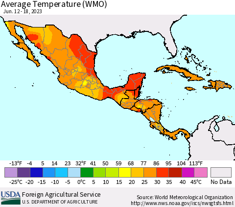 Mexico Central America and the Caribbean Average Temperature (WMO) Thematic Map For 6/12/2023 - 6/18/2023