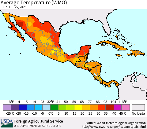 Mexico Central America and the Caribbean Average Temperature (WMO) Thematic Map For 6/19/2023 - 6/25/2023