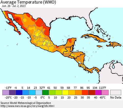 Mexico Central America and the Caribbean Average Temperature (WMO) Thematic Map For 6/26/2023 - 7/2/2023