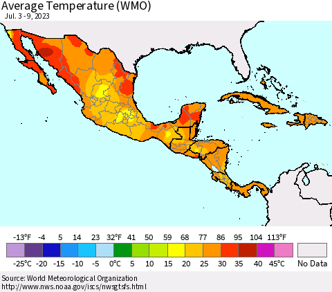 Mexico Central America and the Caribbean Average Temperature (WMO) Thematic Map For 7/3/2023 - 7/9/2023