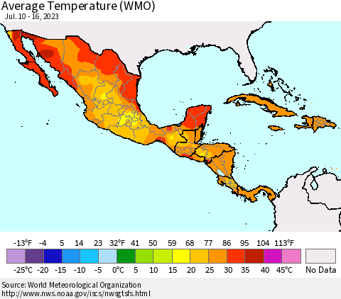 Mexico Central America and the Caribbean Average Temperature (WMO) Thematic Map For 7/10/2023 - 7/16/2023