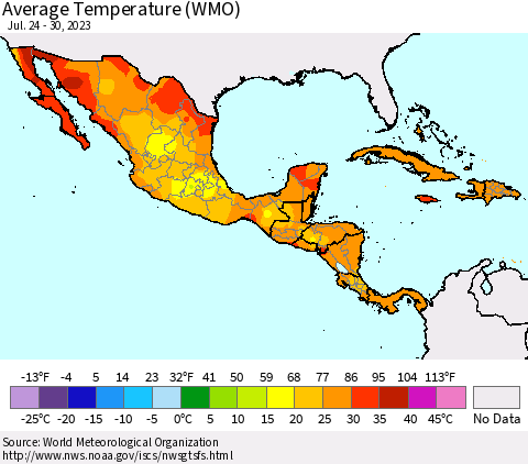 Mexico Central America and the Caribbean Average Temperature (WMO) Thematic Map For 7/24/2023 - 7/30/2023