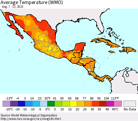 Mexico Central America and the Caribbean Average Temperature (WMO) Thematic Map For 8/7/2023 - 8/13/2023