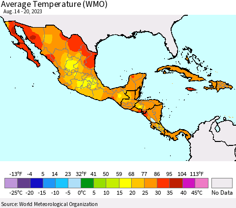 Mexico Central America and the Caribbean Average Temperature (WMO) Thematic Map For 8/14/2023 - 8/20/2023