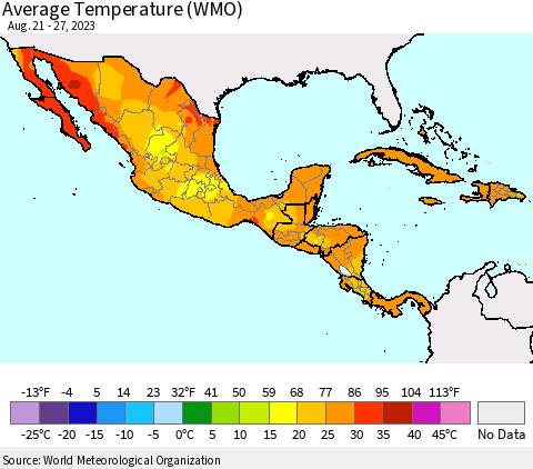 Mexico Central America and the Caribbean Average Temperature (WMO) Thematic Map For 8/21/2023 - 8/27/2023