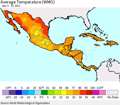 Mexico Central America and the Caribbean Average Temperature (WMO) Thematic Map For 9/4/2023 - 9/10/2023