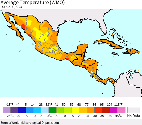 Mexico Central America and the Caribbean Average Temperature (WMO) Thematic Map For 10/2/2023 - 10/8/2023