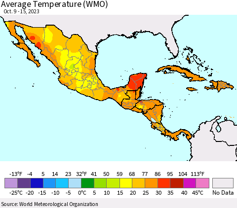 Mexico Central America and the Caribbean Average Temperature (WMO) Thematic Map For 10/9/2023 - 10/15/2023