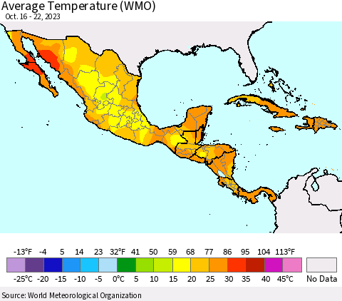 Mexico Central America and the Caribbean Average Temperature (WMO) Thematic Map For 10/16/2023 - 10/22/2023