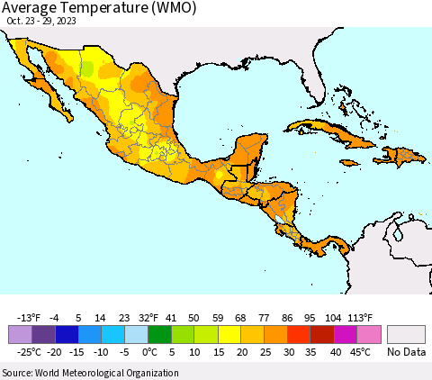 Mexico Central America and the Caribbean Average Temperature (WMO) Thematic Map For 10/23/2023 - 10/29/2023
