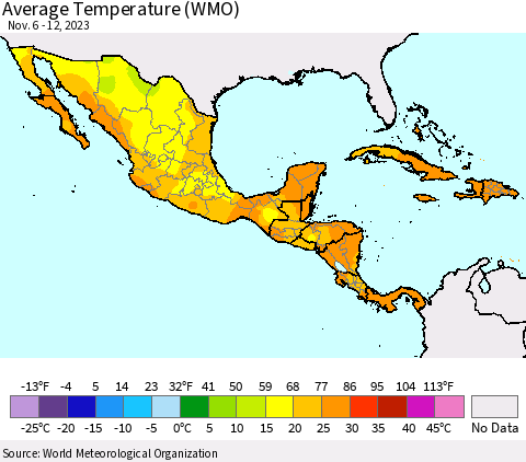 Mexico Central America and the Caribbean Average Temperature (WMO) Thematic Map For 11/6/2023 - 11/12/2023
