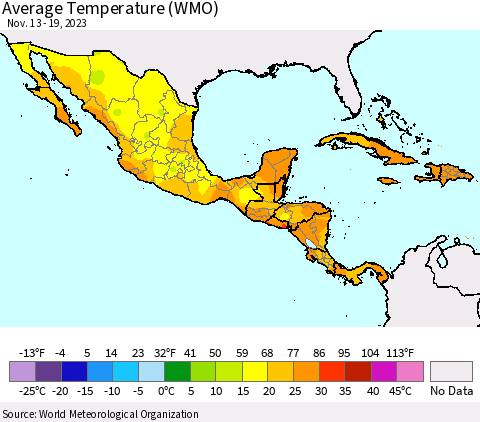 Mexico Central America and the Caribbean Average Temperature (WMO) Thematic Map For 11/13/2023 - 11/19/2023