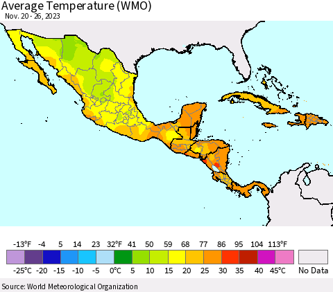 Mexico Central America and the Caribbean Average Temperature (WMO) Thematic Map For 11/20/2023 - 11/26/2023