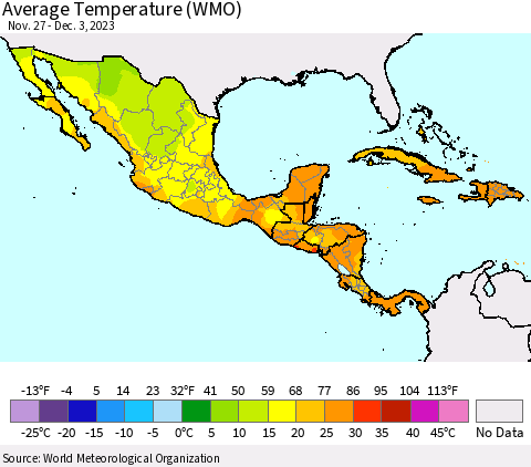Mexico Central America and the Caribbean Average Temperature (WMO) Thematic Map For 11/27/2023 - 12/3/2023