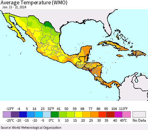 Mexico Central America and the Caribbean Average Temperature (WMO) Thematic Map For 1/15/2024 - 1/21/2024