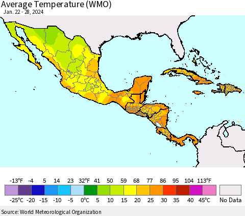 Mexico Central America and the Caribbean Average Temperature (WMO) Thematic Map For 1/22/2024 - 1/28/2024