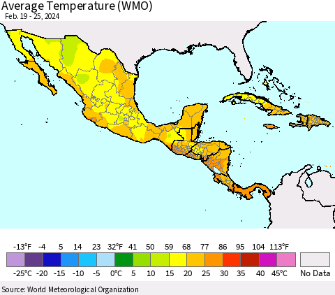 Mexico Central America and the Caribbean Average Temperature (WMO) Thematic Map For 2/19/2024 - 2/25/2024