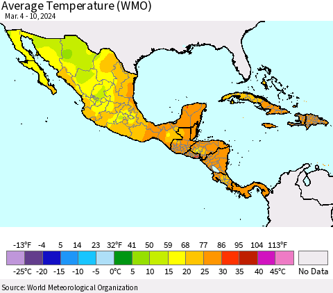 Mexico Central America and the Caribbean Average Temperature (WMO) Thematic Map For 3/4/2024 - 3/10/2024