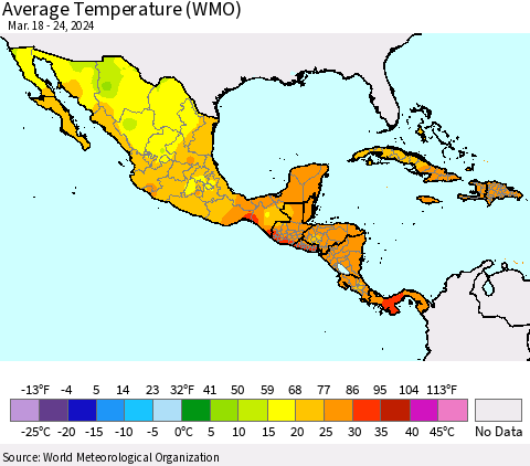 Mexico Central America and the Caribbean Average Temperature (WMO) Thematic Map For 3/18/2024 - 3/24/2024