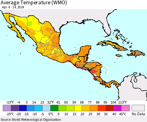 Mexico Central America and the Caribbean Average Temperature (WMO) Thematic Map For 4/8/2024 - 4/14/2024