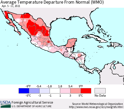 Mexico Central America and the Caribbean Average Temperature Departure from Normal (WMO) Thematic Map For 4/5/2021 - 4/11/2021
