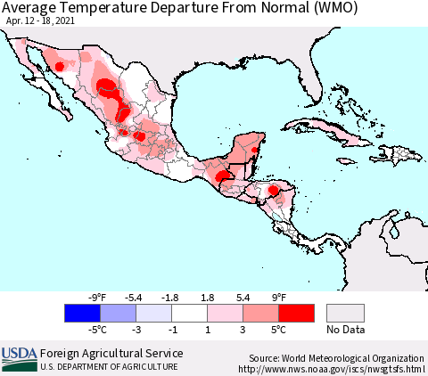 Mexico Central America and the Caribbean Average Temperature Departure from Normal (WMO) Thematic Map For 4/12/2021 - 4/18/2021