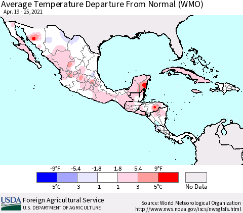 Mexico Central America and the Caribbean Average Temperature Departure from Normal (WMO) Thematic Map For 4/19/2021 - 4/25/2021