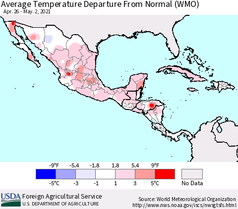 Mexico Central America and the Caribbean Average Temperature Departure from Normal (WMO) Thematic Map For 4/26/2021 - 5/2/2021