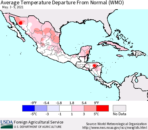 Mexico Central America and the Caribbean Average Temperature Departure from Normal (WMO) Thematic Map For 5/3/2021 - 5/9/2021