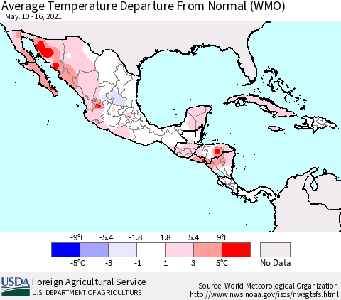 Mexico Central America and the Caribbean Average Temperature Departure from Normal (WMO) Thematic Map For 5/10/2021 - 5/16/2021