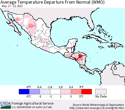 Mexico Central America and the Caribbean Average Temperature Departure from Normal (WMO) Thematic Map For 5/17/2021 - 5/23/2021