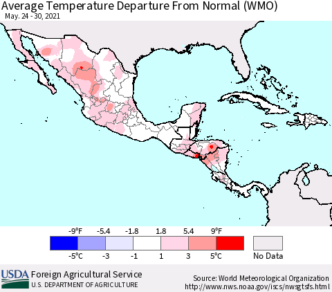 Mexico Central America and the Caribbean Average Temperature Departure from Normal (WMO) Thematic Map For 5/24/2021 - 5/30/2021
